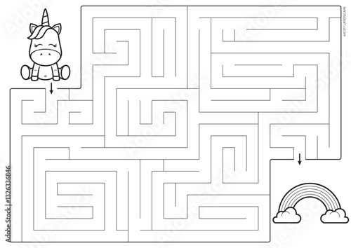 Vector black line printable maze. Format A4. Coloring book educational maze with little unicorn looking for a rainbow. Size landscape.
