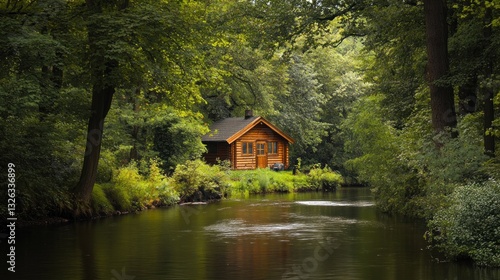 Wallpaper Mural Idyllic wooden cabin retreat nestled beside tranquil river in lush green forest Torontodigital.ca