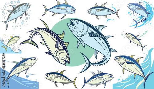 Vector Illustration of Different Tuna Fish Species in Ocean Waves – Bluefin, Yellowfin, Skipjack, and More
