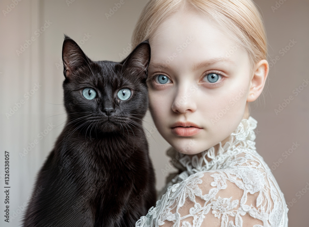 A captivating portrait of a young girl and her black cat, their eyes meeting in a moment of quiet connection.
