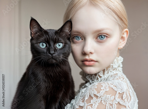 Obraz na płótnie A captivating portrait of a young girl and her black cat, their eyes meeting in a moment of quiet connection. w salonie