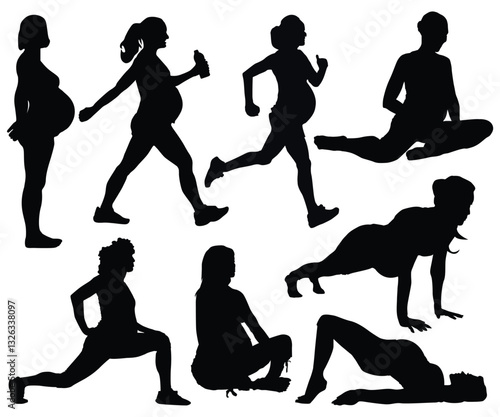 Silhouette of pregnant girl, lady or future mom. Pregnancy and birth baby symbol. Silhouette of pregnant woman. Pregnant woman exercising. Pregnant female yoga and fitness for healthy and relaxation.