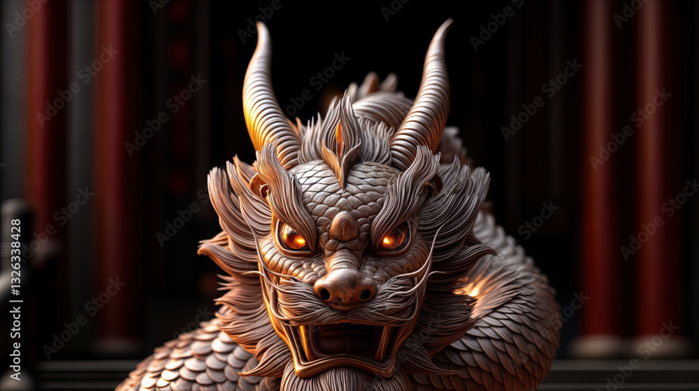 Close-up view of a dragon statue, showcasing the intricate details of its scales and horns.