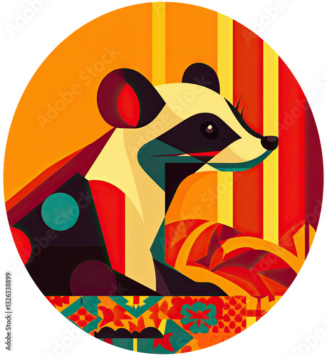 a colorful, geometric illustration featuring a stylized animal with black and red patterns on its face and body. The background is a vibrant mix of orange and red hues with abstract shapes and pattern