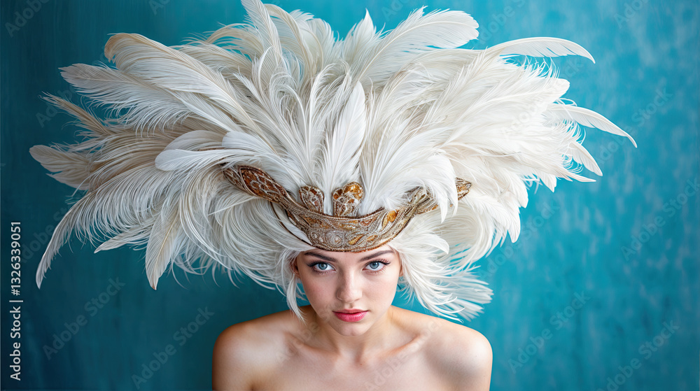 A woman adorned with a magnificent headpiece of white feathers and intricate gold detailing.