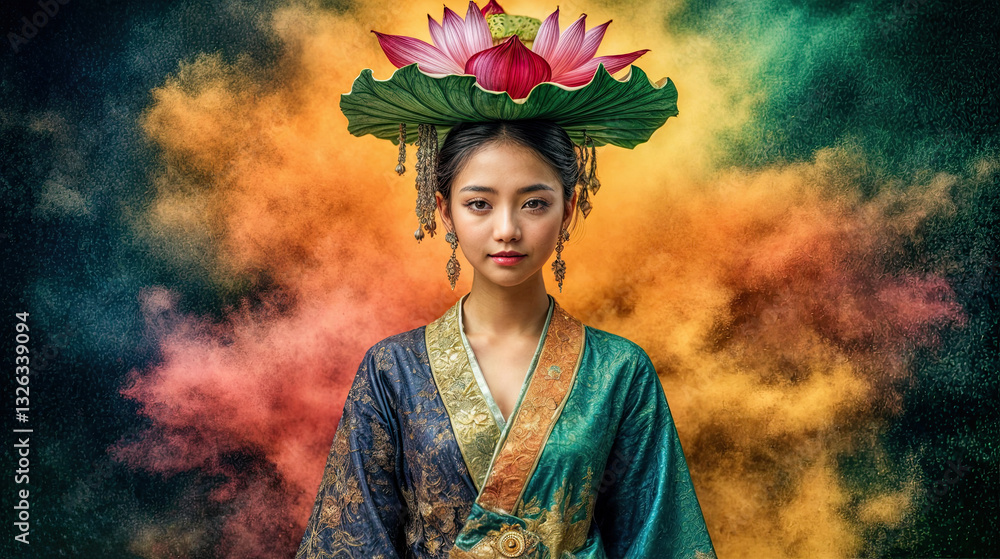 Intricate details of the woman's ornate gown and jeweled accessories are highlighted against a backdrop of swirling color.