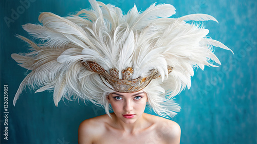 A woman adorned with a magnificent headpiece of white feathers and intricate gold detailing.