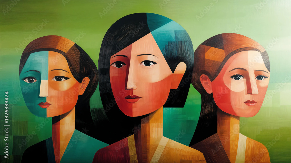 Three women, rendered in a vibrant, geometric style, their faces a study in contrasting colors and shapes.