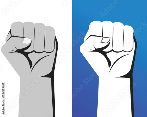 Fists raised up, protest. Hands fighting and struggling for human rights, freedom. Empowerment equality gesture. Revolution concept. Power symbol. Flat vector illustration isolated on white background