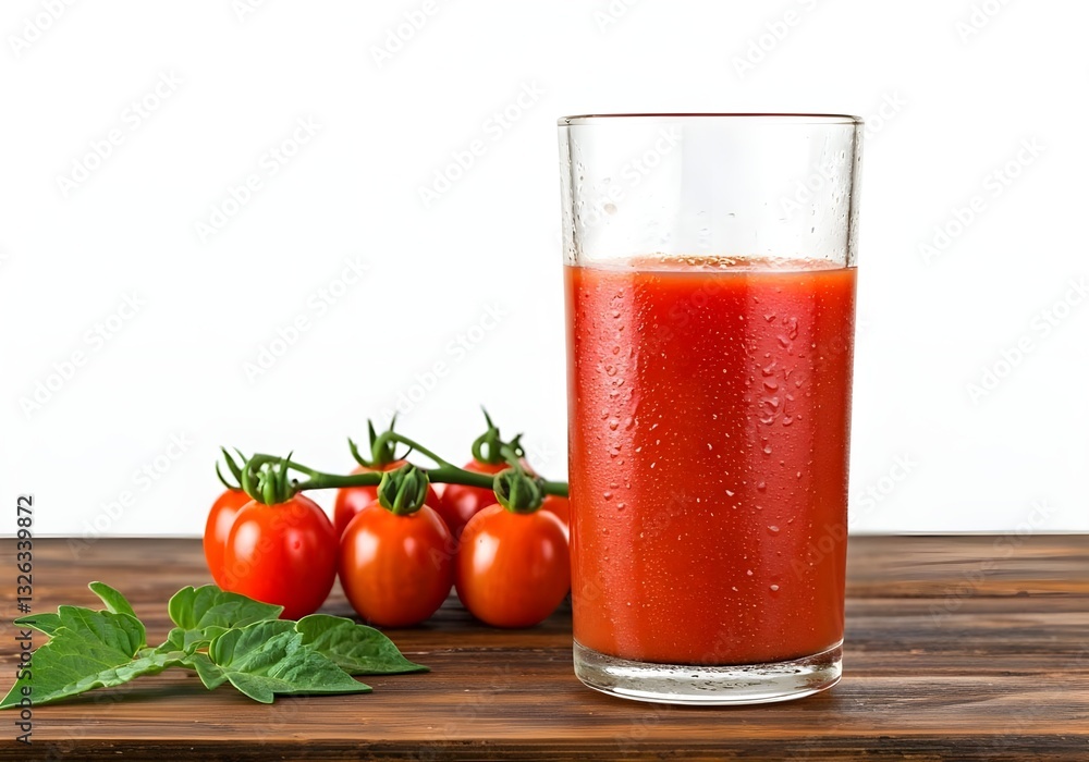 A glass of cold tomato juice and cherri tomatoes on the wooden table isolated on white, A glass of cold tomato juice and cherri tomatoes on the wooden table isolated on white,