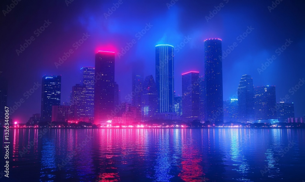 Fototapeta premium city skyline with bright neon lights reflecting in the water.