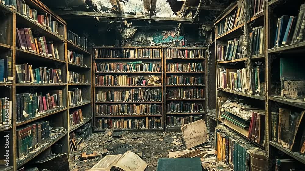 Abandoned library with dusty bookshelves and scattered debris, reflecting decay and neglect Abandoned library with dusty bookshelves and scattered debris, reflecting decay and neglect