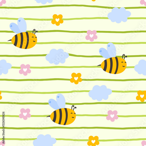 Seamless vector pattern featuring delicate chamomile and daisy flowers with buzzing bees in a soft pastel Scandinavian style, perfect for children's clothing, fabric, and spring-themed decor