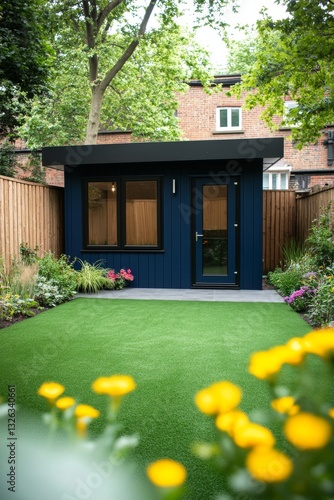 Modern Navy Blue Garden Room Office in Backyard, Lush Artificial Lawn, Paved Patio, and Timber Fence