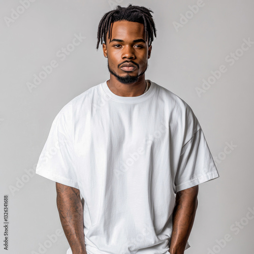 A confident man in an oversized white t-shirt, presenting a bold, casual look that embodies urban fashion and modern simplicity.