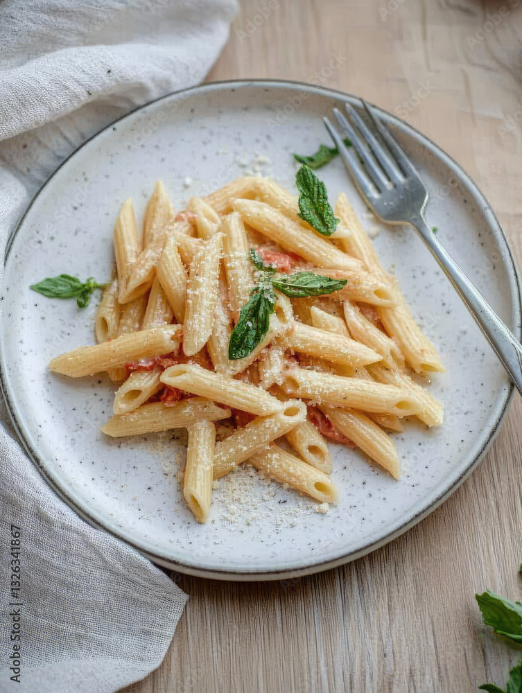 An elegant plate of pasta elegantly arranged with a creamy sauce and garnished with fresh herbs, perfect for any dining occasion. An elegant plate of pasta elegantly arranged with a creamy sauce and garnished with fresh herbs, perfect for any dining occasion.