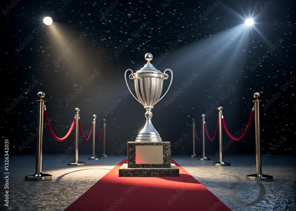 A shiny silver trophy, bathed in spotlight, marks second place in the night photography awards; success celebrated against a dark backdrop