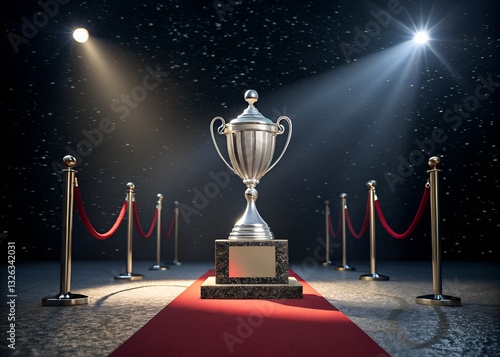 Obraz na płótnie A shiny silver trophy, bathed in spotlight, marks second place in the night photography awards; success celebrated against a dark backdrop w salonie