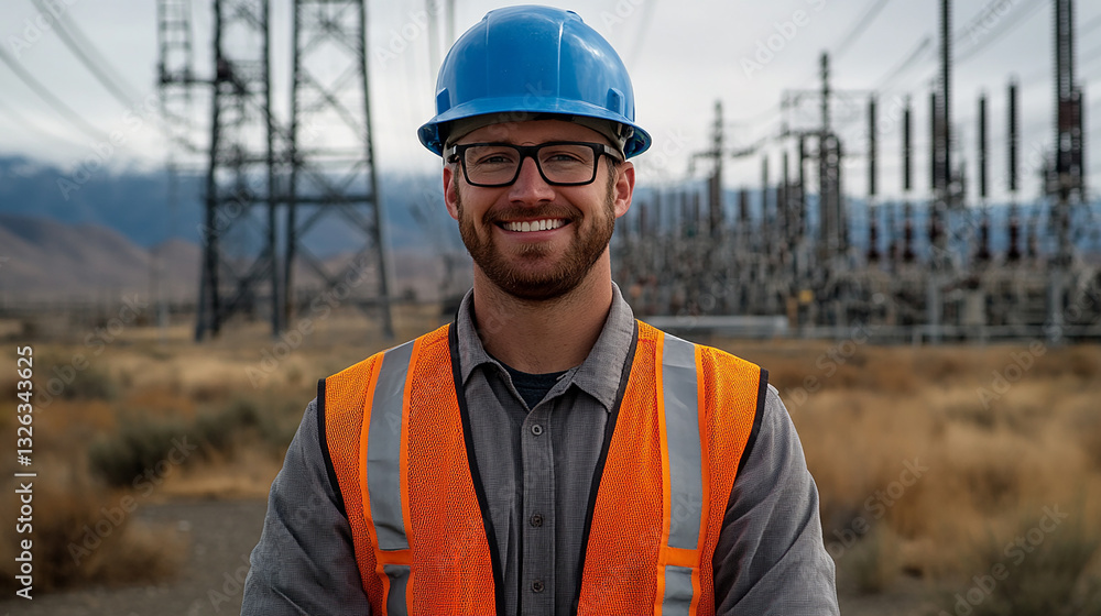 A focused electrical engineer in a blue helmet, gray long-sleeved shirt, and orange safety vest, reviewing electrical blueprints at a power station with transmission towers A focused electrical engineer in a blue helmet, gray long-sleeved shirt, and orange safety vest, reviewing electrical blueprints at a power station with transmission towers