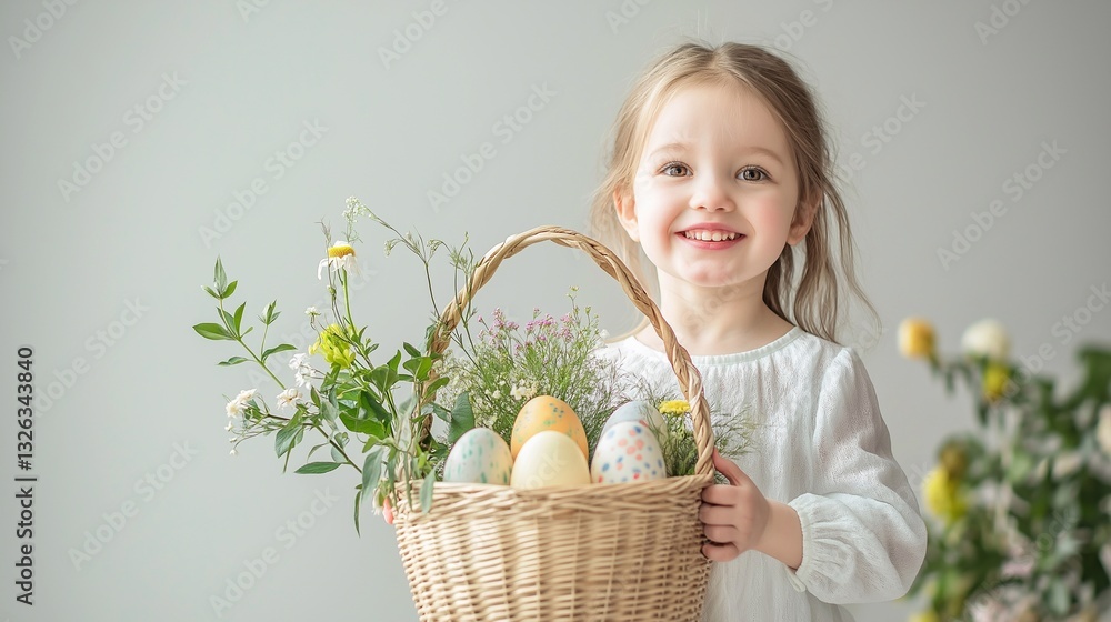 Happy child holding a wicker basket full of decorated eggs and spring flowers, celebrating easter traditions and enjoying the holiday. cute little caucasian girl, a smiling kid wearing a linen dress Happy child holding a wicker basket full of decorated eggs and spring flowers, celebrating easter traditions and enjoying the holiday. cute little caucasian girl, a smiling kid wearing a linen dress