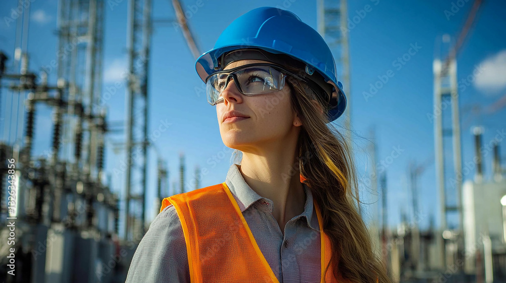 A focused electrical engineer in a blue helmet, gray long-sleeved shirt, and orange safety vest, reviewing electrical blueprints at a power station with transmission towers A focused electrical engineer in a blue helmet, gray long-sleeved shirt, and orange safety vest, reviewing electrical blueprints at a power station with transmission towers