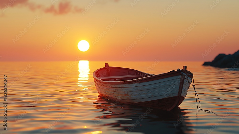 Elegant boat gently floating on calm water with reflections underneath a stunning sunset sky Elegant boat gently floating on calm water with reflections underneath a stunning sunset sky