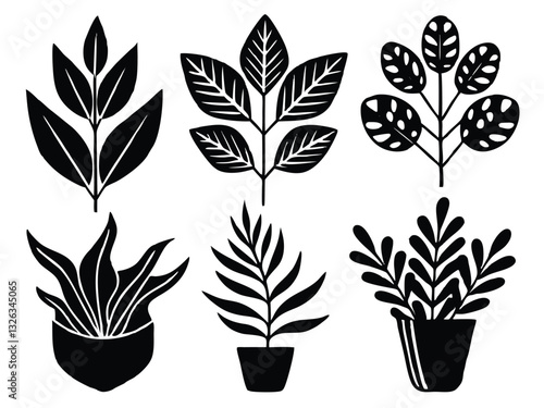 Set of black and white houseplants in pots. Vector illustration.