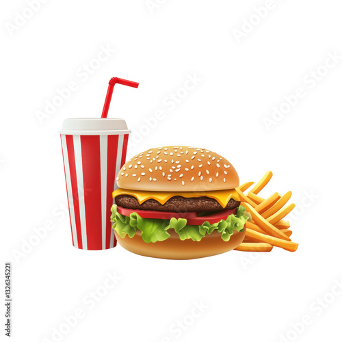 A tasty fast food meal consisting of a hamburger with lettuce and cheese, crispy fries, and a soft drink against a plain white backdrop.