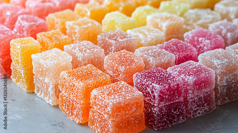Rows of colorful sugar-coated fruit jelly candies arranged in a gradient from orange to pink. Rows of colorful sugar-coated fruit jelly candies arranged in a gradient from orange to pink.