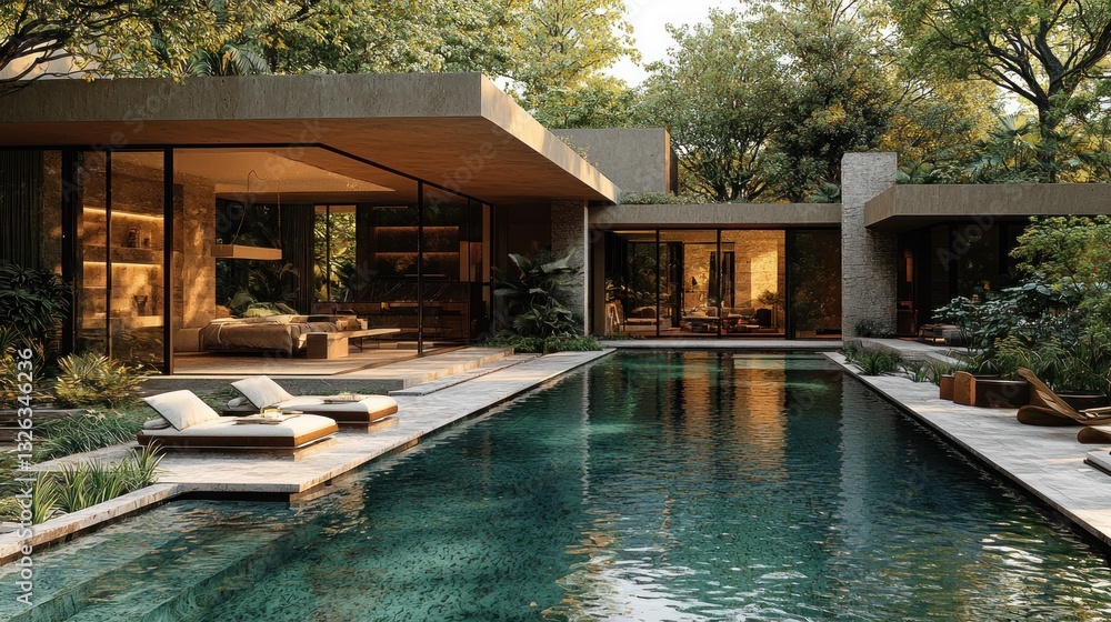 custom made wallpaper toronto digitalModern house with pool and lush garden.