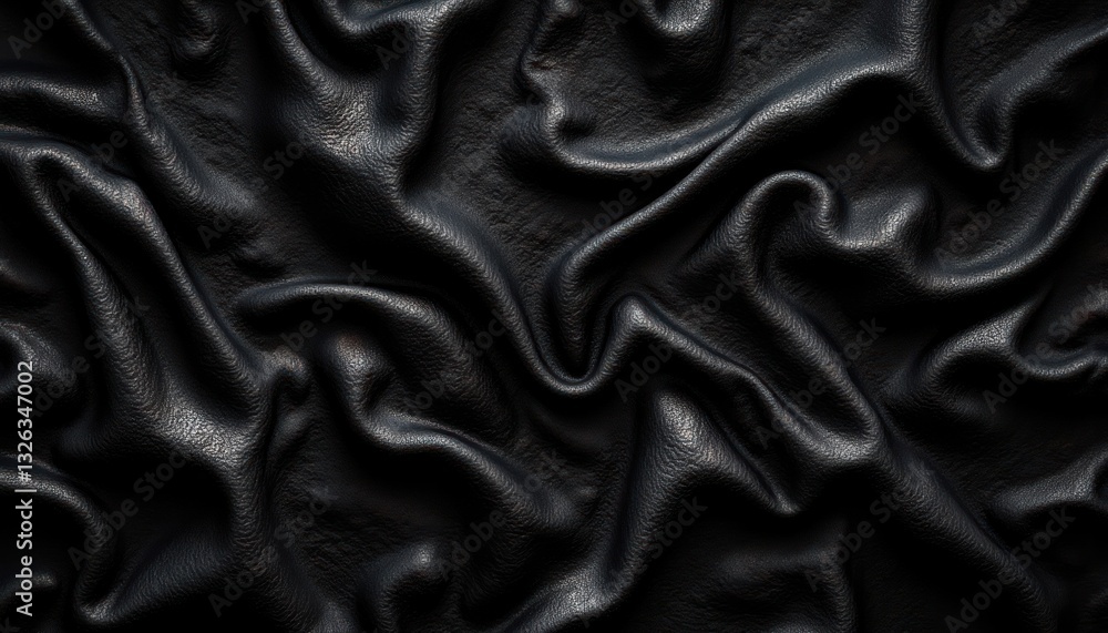 Fototapeta premium Dramatic Texture of Black Leather Wrinkled and Draped Fabric Background