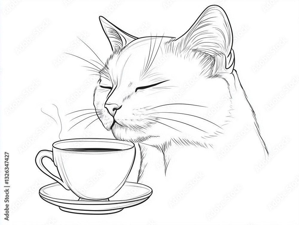 Calm cat enjoying coffee at home cozy line art illustration warm atmosphere close-up viewpoint whimsical concept for relaxation Calm cat enjoying coffee at home cozy line art illustration warm atmosphere close-up viewpoint whimsical concept for relaxation