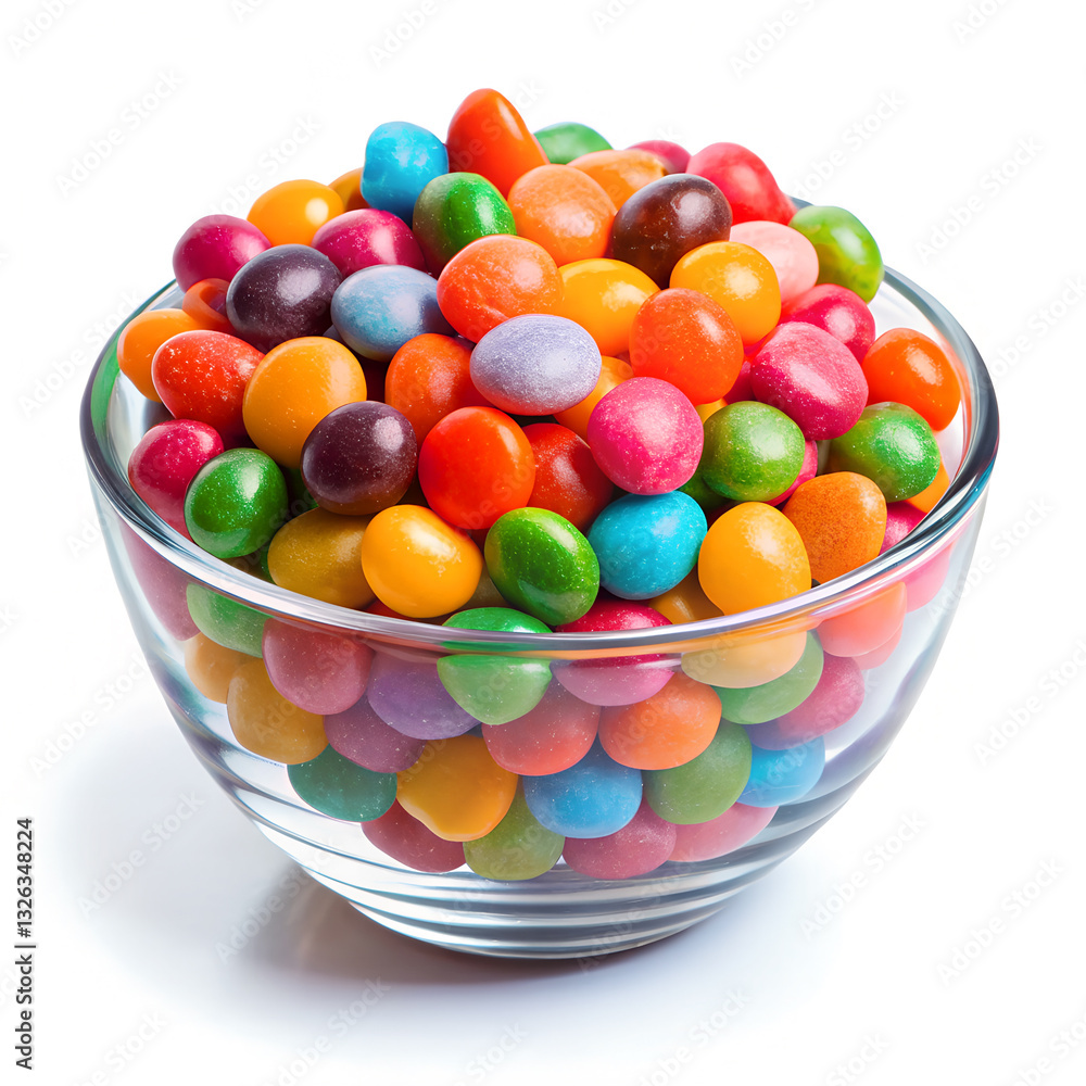 Glass Bowl Filled with Colorful Jelly Beans on White Background Glass Bowl Filled with Colorful Jelly Beans on White Background