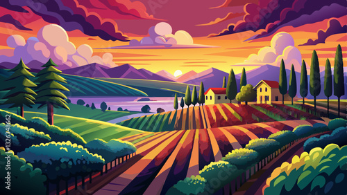 vineyard with dramatic sunset, showcasing the vibrant colors of the sky, created with