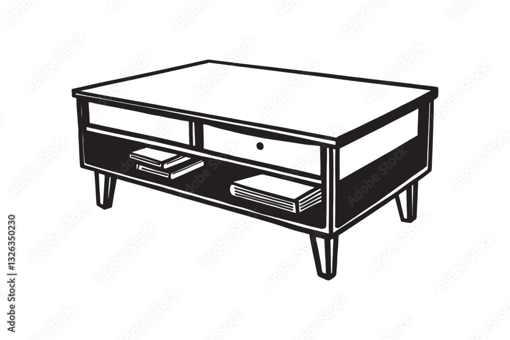 Silhouette of a minimalist coffee table with a lower shelf for storage vector art illustration Silhouette of a minimalist coffee table with a lower shelf for storage vector art illustration