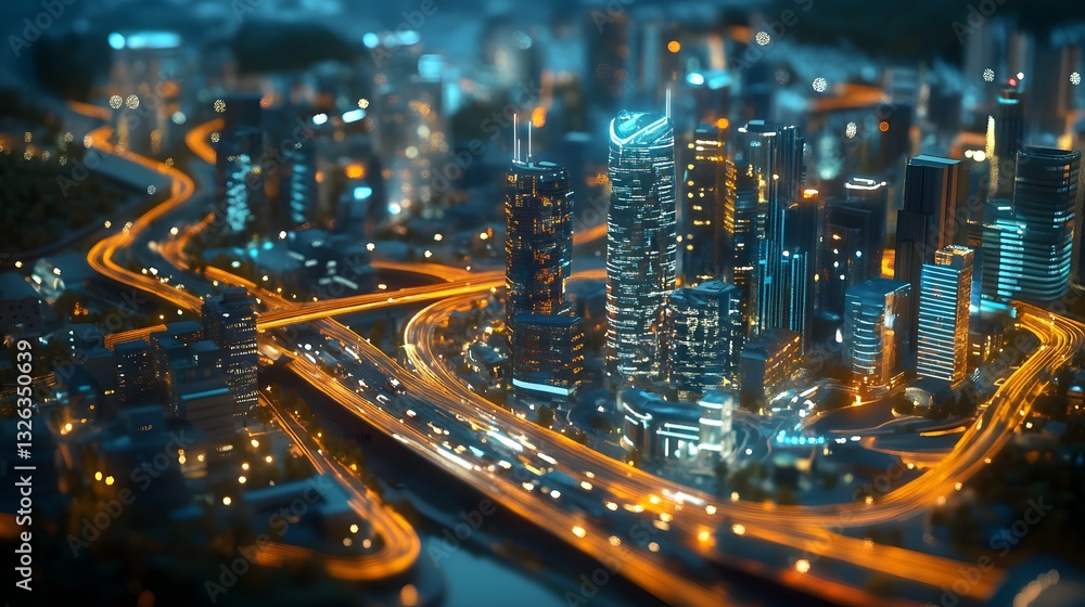 Stunning Nighttime Cityscape with Illuminated Skyscrapers and Roads Stunning Nighttime Cityscape with Illuminated Skyscrapers and Roads