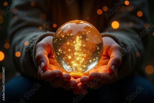 Magical Hand-Held Starry Light Globe with Warm Bokeh Glow, Stars are used as a visual representat photo