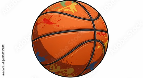 Artistic basketball with colorful paint splashes.