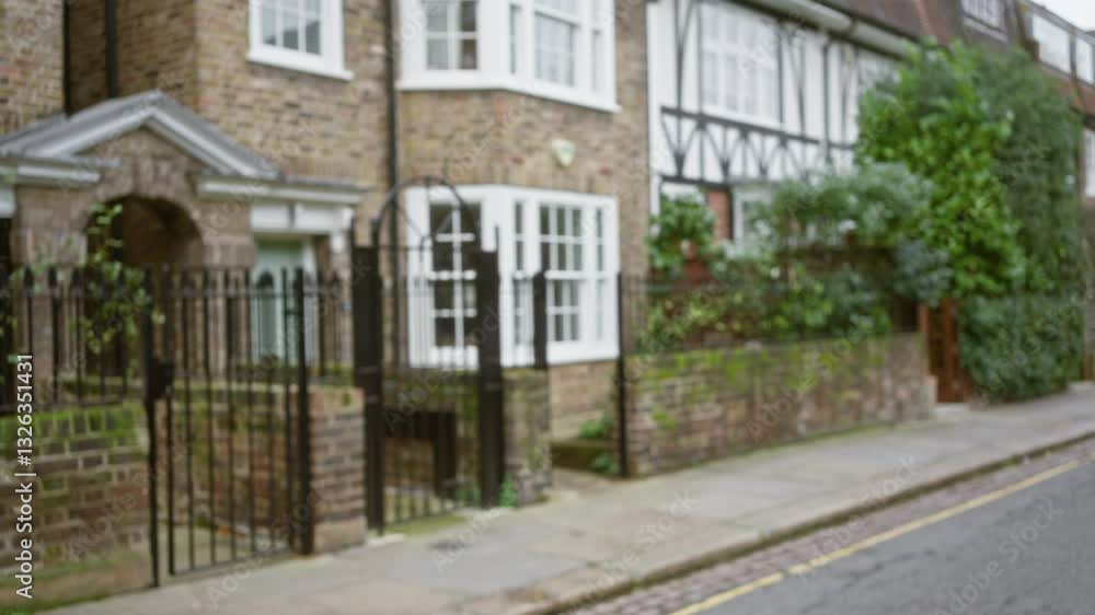 Blurred cobblestone street scene in london featuring historic brick homes and black iron fences, capturing the essence of a quaint english neighborhood. Blurred cobblestone street scene in london featuring historic brick homes and black iron fences, capturing the essence of a quaint english neighborhood.