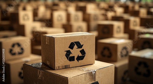 Recycling cardboard boxes: Brown cardboard boxes with recycling symbol are stacked in bulk, representing environmental conservation