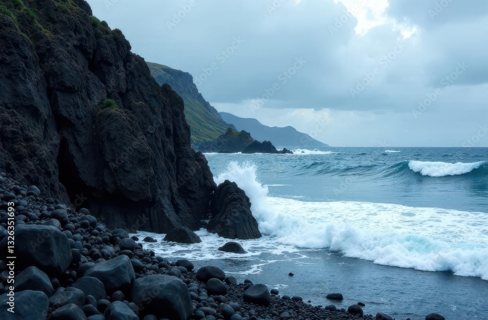 Seaside cliffs and rolling waves in a serene coastal landscape during twilight Seaside cliffs and rolling waves in a serene coastal landscape during twilight