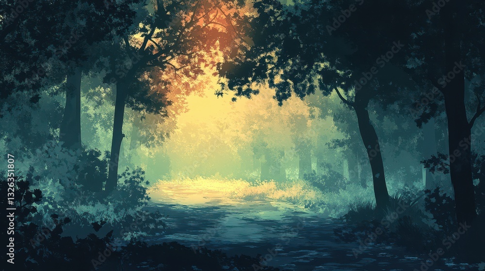 A pathway through a lush and mystical forest with bright sunlight A pathway through a lush and mystical forest with bright sunlight