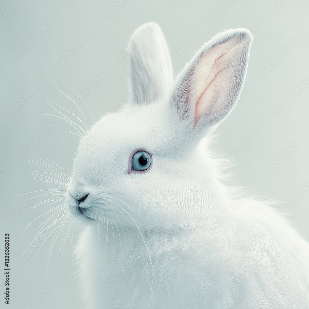 Obraz premium Elegant Portrait of a White Bunny with Piercing Blue Eye Against a Soft, Serene Background
