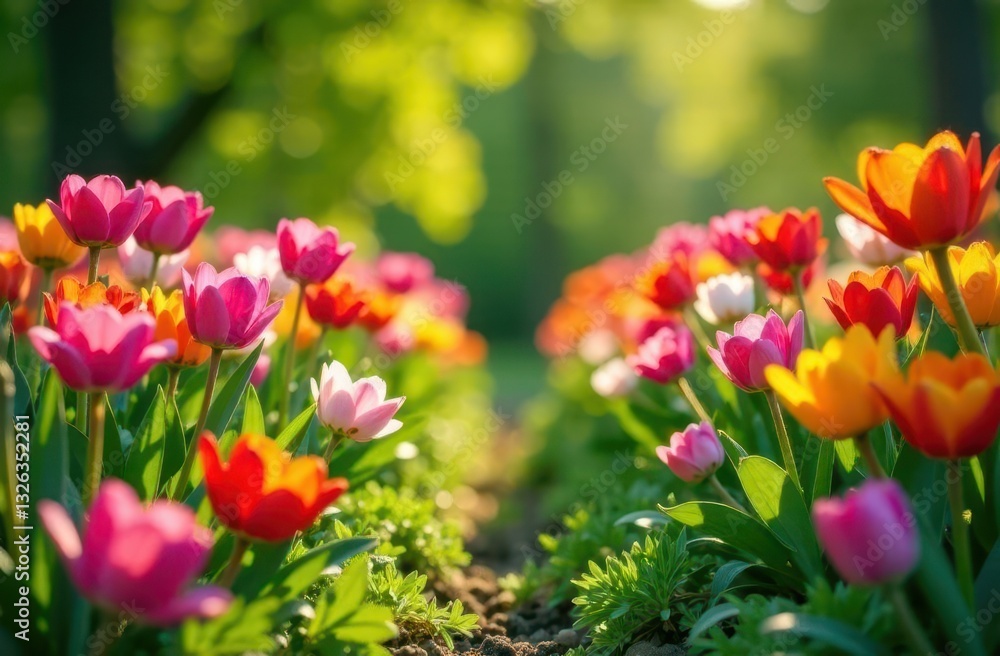 Vibrant tulip garden blooming under sunlight in spring season Vibrant tulip garden blooming under sunlight in spring season