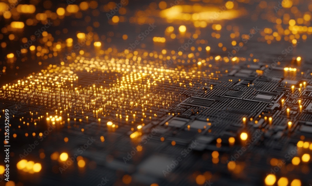Fototapeta premium Glowing circuit board with data flow, tech background (1)