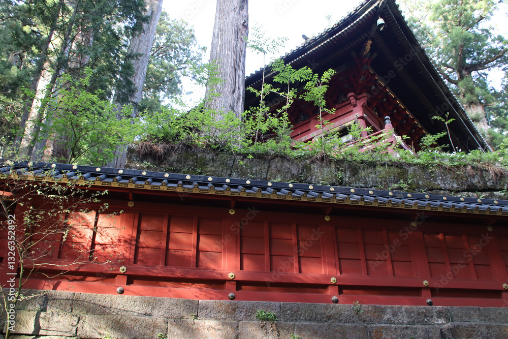 wood palisade and pavilion in a temple in nikko in japan