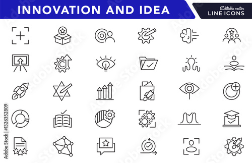 Innovation and Idea line icon set. Containing problem-solving, light bulb, idea, strategy, creativity, innovation, solution, investment, pitch, teamwork line icon set. UI thin line icon pack.