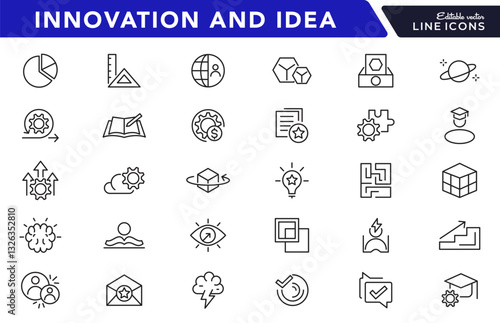 Innovation and Idea line icon set. Containing problem-solving, light bulb, idea, strategy, creativity, innovation, solution, investment, pitch, teamwork line icon set. UI thin line icon pack.