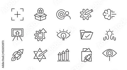 Innovation and Idea line icon set. Containing problem-solving, light bulb, idea, strategy, creativity, innovation, solution, investment, pitch, teamwork line icon set. UI thin line icon pack.
