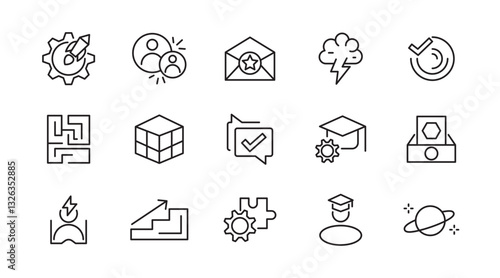 Innovation and Idea line icon set. Containing problem-solving, light bulb, idea, strategy, creativity, innovation, solution, investment, pitch, teamwork line icon set. UI thin line icon pack.